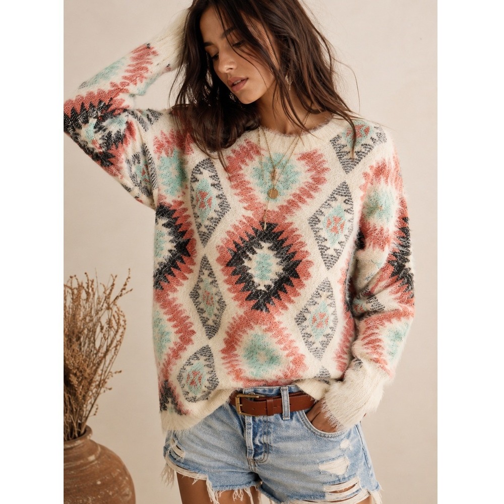 Fuzzy Aztec Southwestern Sweater Ivory Coral Mint One Size